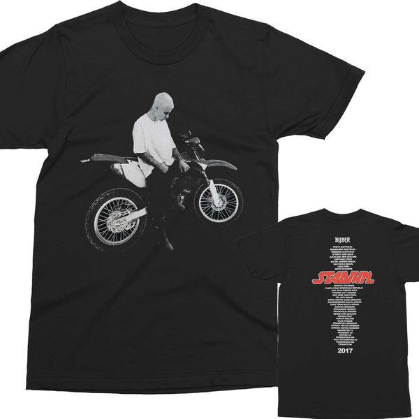 Bieber Dirtbike Black T-shirt with STADIUM TOUR dates on back