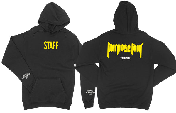 Personalised Purpose Tour Staff Black Hoodie! Yellow VFILES style print. Choose your own city!