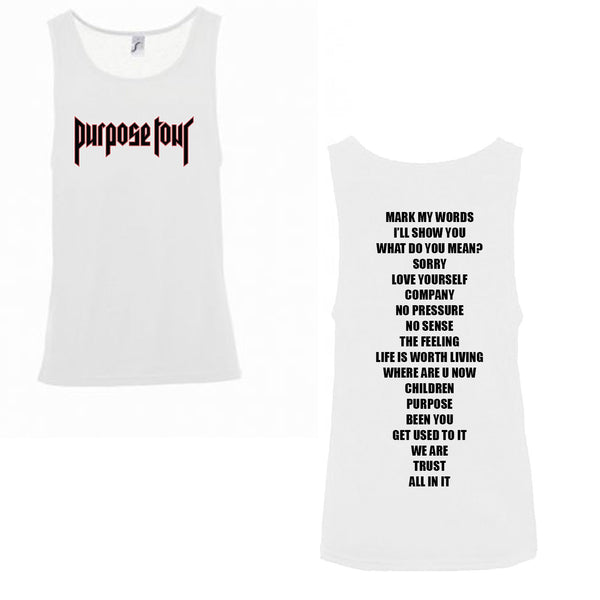 SUMMER - White deep hole unisex vest/tank. Purpose Tour song list design