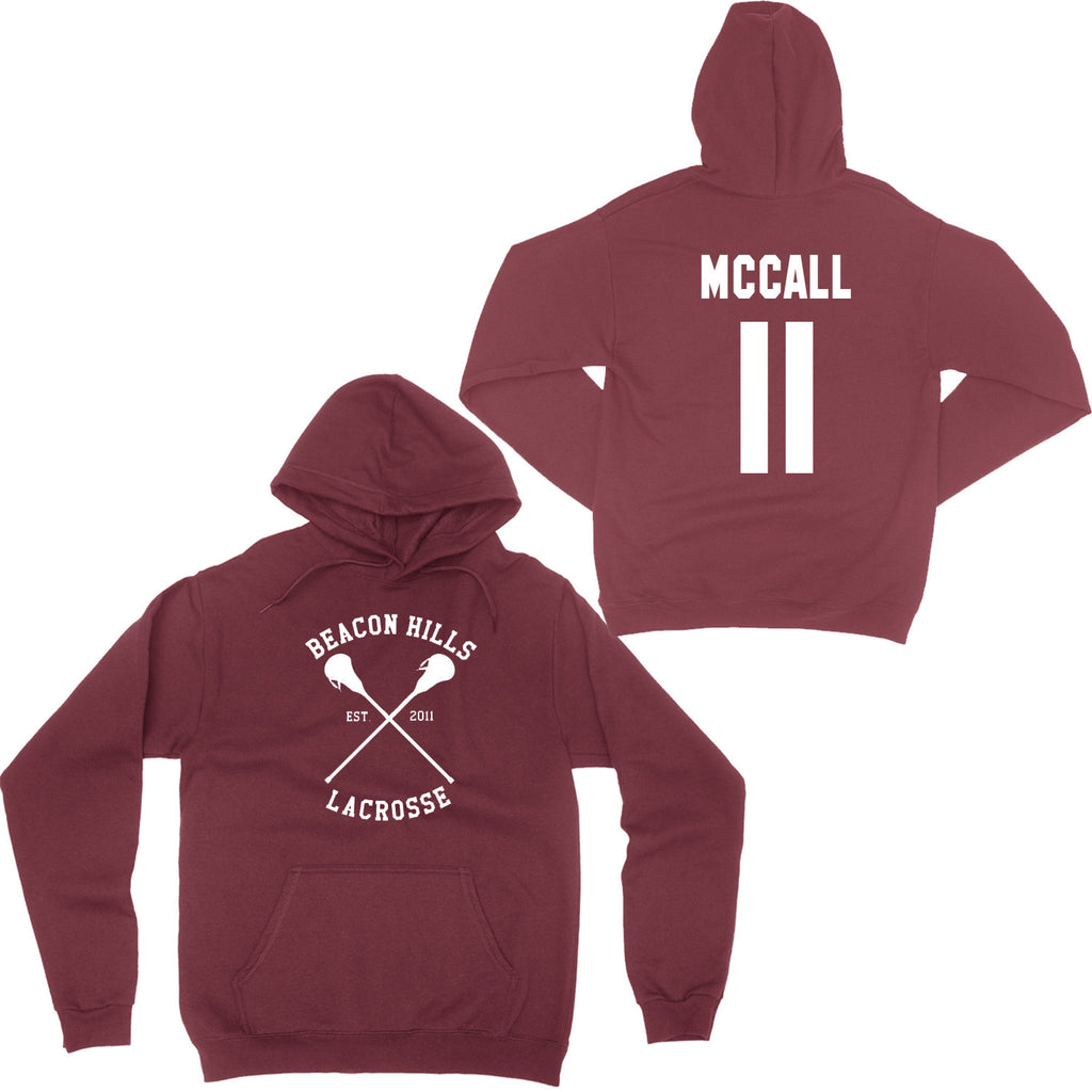 Beacon Hills Lacrosse - Design 1 - Maroon Hoodie. Choice of names on back!