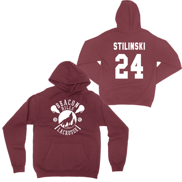 Beacon Hills Lacrosse - Design 3 - Maroon Hoodie. Choice of names on back!