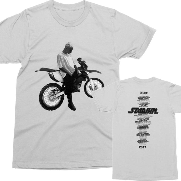 Bieber Dirtbike White T-shirt with STADIUM TOUR dates on back